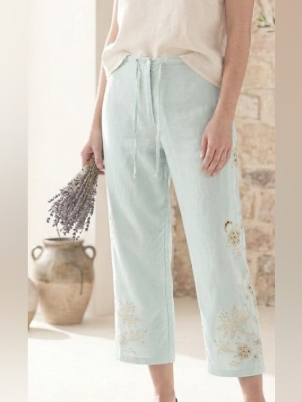 Pale Green Embroidered Linen Wide-Leg Pants (Sz S/M) Beach Cottage Ocean Boho